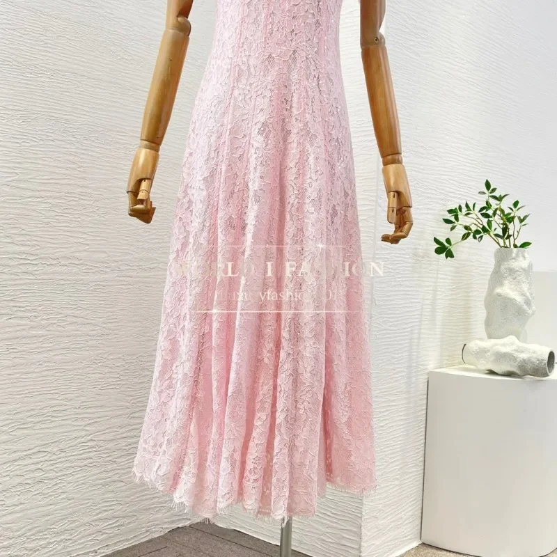 2025 Nowa wysokiej jakości różowa sukienka damska z krótkim rękawem i koronką na imprezę