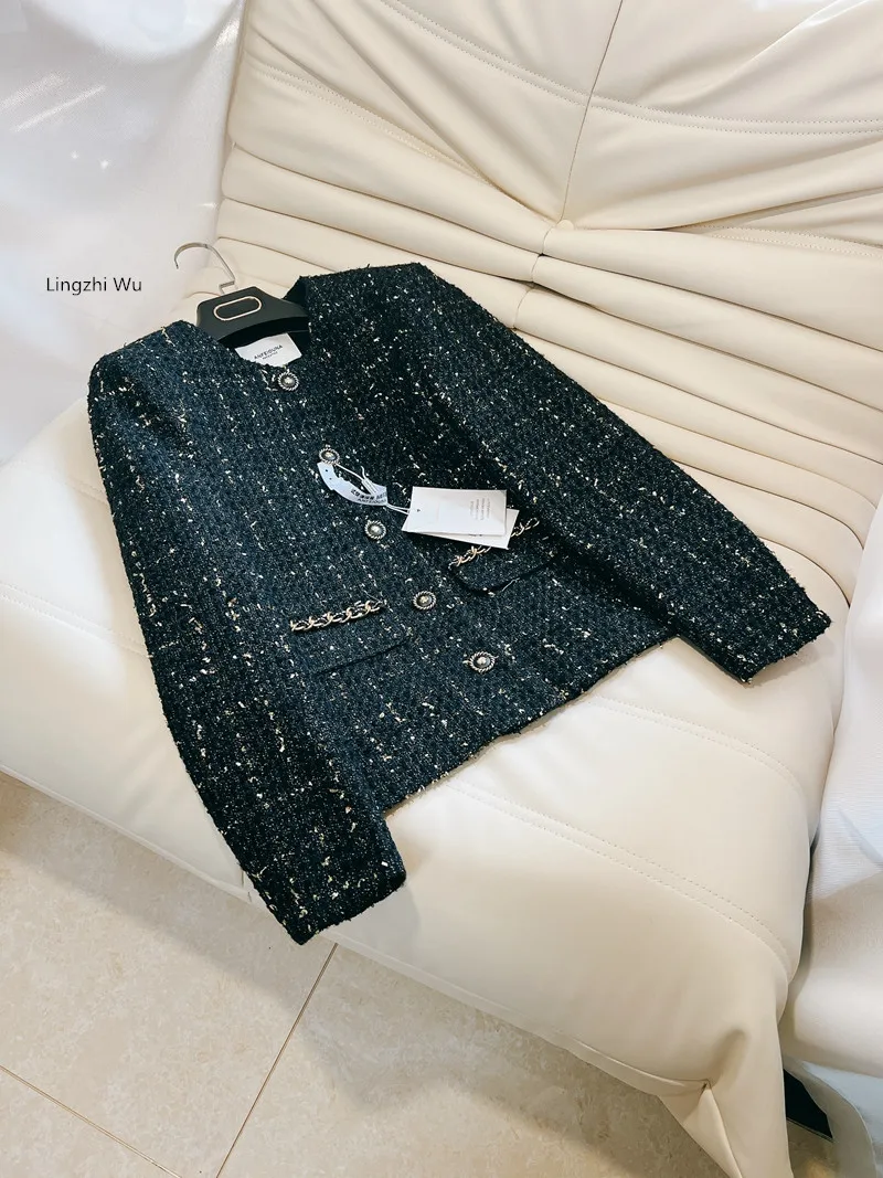 Lingzhi Wu 2024 Spring French Ladies Diamond Chain Pocket Elegant Coat Black Tweed Vintage Outerwear Mixed With Golden Female