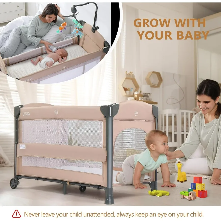 ベビーベッドサイドバシネット、ベビーバシネット、パックンプレイコンバートプレイペン、クイック折りたたみ式トラベルベッド（ホイール＆ブレーキ付き）、キャリーバッグ付き