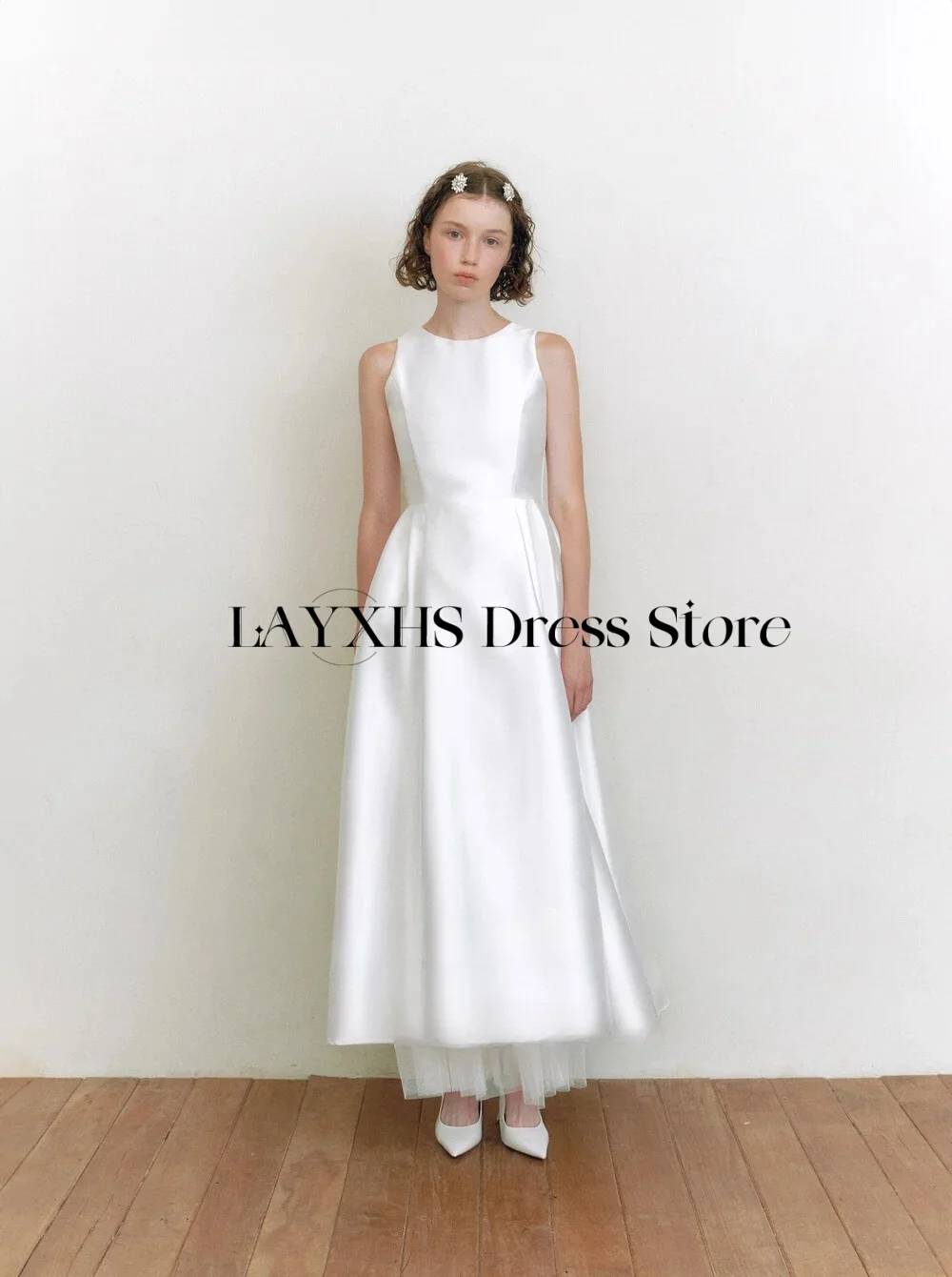 Vestido de novia sencillo con cuello redondo, sesión de fotos al aire libre de Corea, corte en A, hasta el tobillo, vestidos de novia de satén, vestido de recepción personalizado 2026