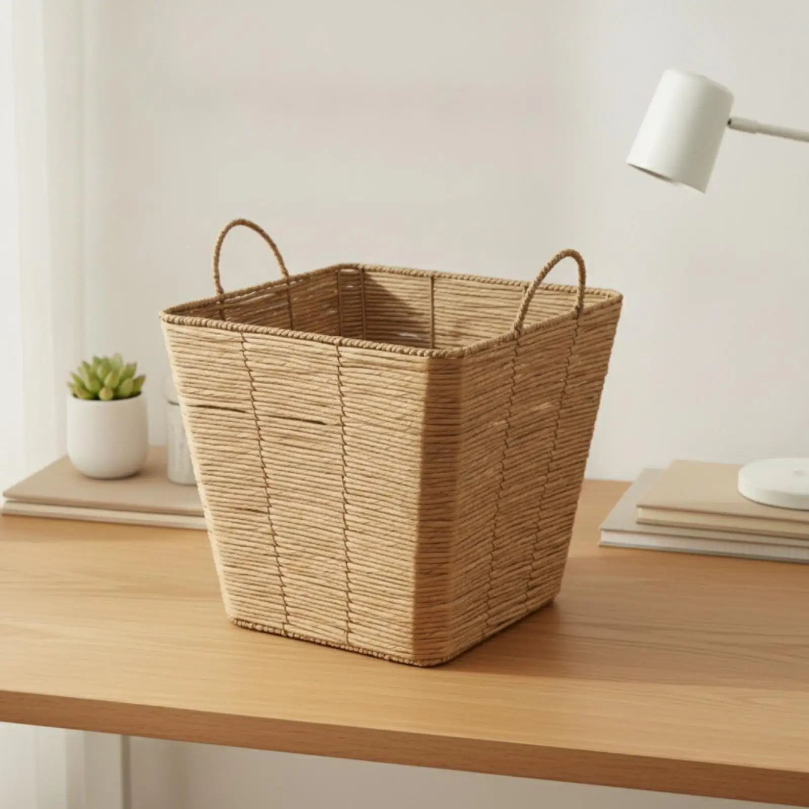 Rectangular Woven Storage Basket Breathable Paper Rope Storage Basket with Integrated Handles Decorative Woven Bin Eco-Friendly