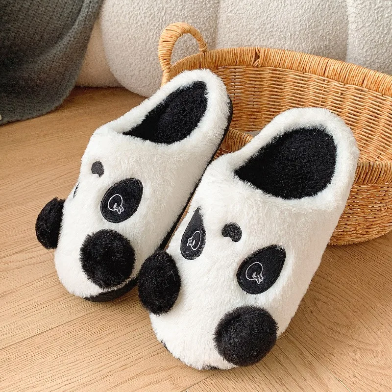 New Winter Unisex Cartoon Panda Warm Plush Slippers Couple Indoor Non-slip House Slides Men and Women Toe Wrap Home Cotton Shoes