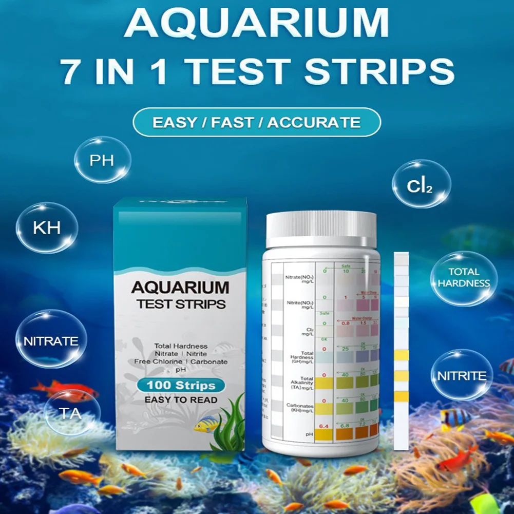 Strisce reattive per acquari da 100 pezzi Kit di Test per acquario 7 In1 per nitrato nitrito PH cloro durezza alcalinità totale carbonato