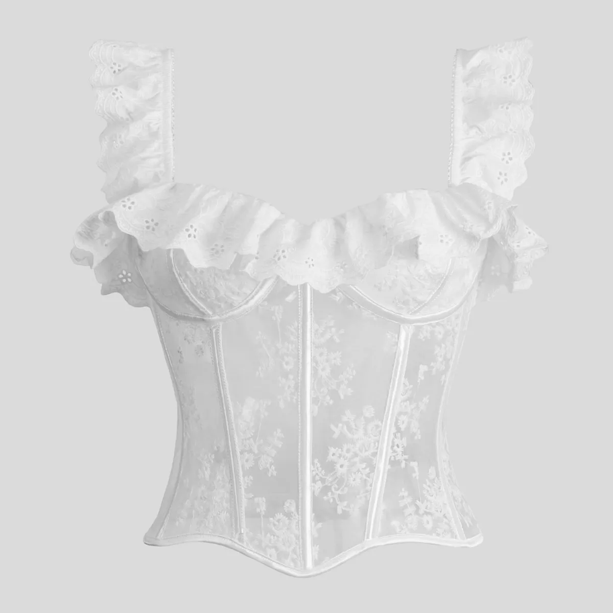

Сексуальные женские белые корсеты, бюстье, прозрачный сетчатый бюстгальтер, лиф на шнуровке, винтажные элегантные модные бежевые топы на бретелях с цветочным принтом