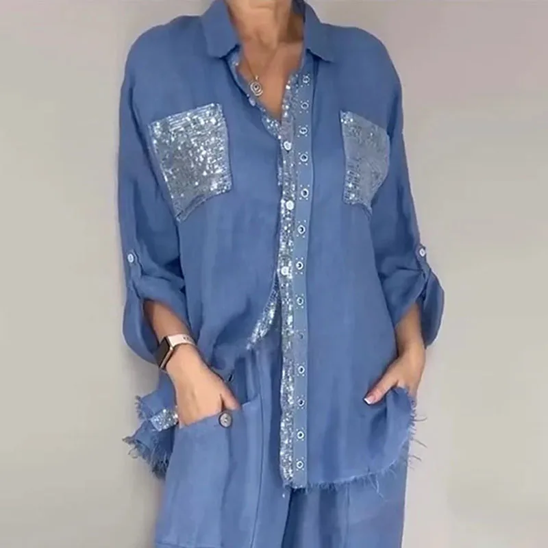 Casual Sequin Patch 2 Piece Outfit Ladies Turn‑Down Collar Frayed Button‑Up Shirt & Wide Leg Pants Set Daily Holiday Street Suit
