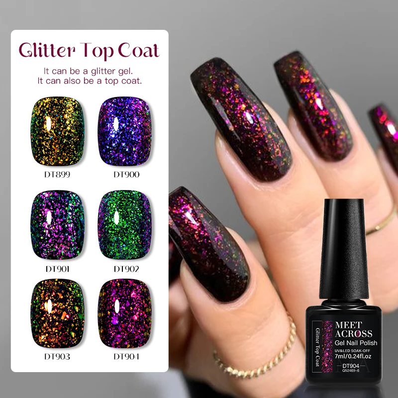 MEET ACROSS 7ml Glitter Top Coat Gel Nail Polish Brocade Powder 2 In 1 Chameleon Nail Art Gel Varnish Manicure For Nails