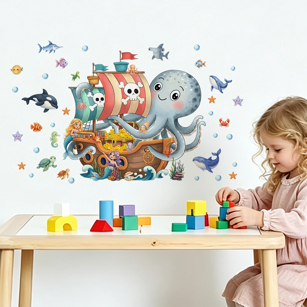 Cartoon Pirate Ship Mermaid Octopus Wall Sticker Under Sea Ocean Life Wall Decal for Kids Nursery Bedroom Home Wall Art Decor