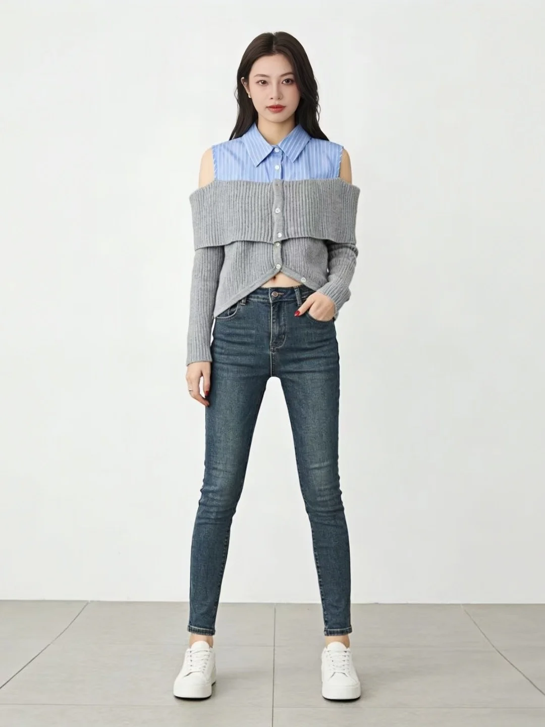 Sweter damski z dzianiny, dopasowany, z odkrytymi ramionami, z kołnierzykiem, idealny na wczesną wiosnę, modny, artystyczny, długi rękaw.