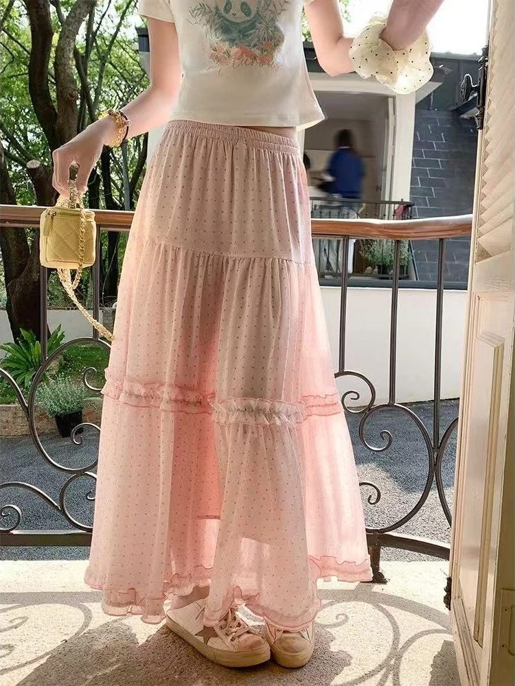 Jupe longue à pois rose doux pour femmes, nouvelle collection d'été 2021, chaude et élégante, taille élastique, mode coréenne, tenues amples décontractées