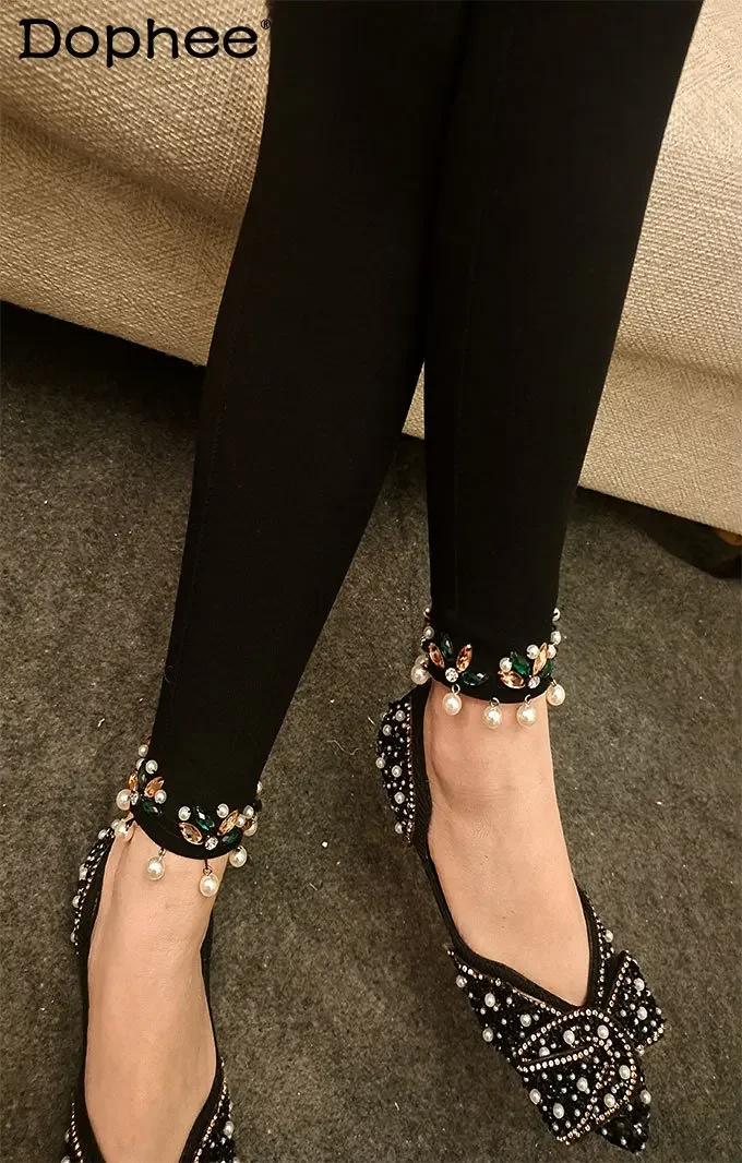 

Autumn Winter Tassel Flower Beaded Jeans Rhinestone Pearl Ankle-Length Fleece Lined Black Leggings Women Skinny Pencil Pants