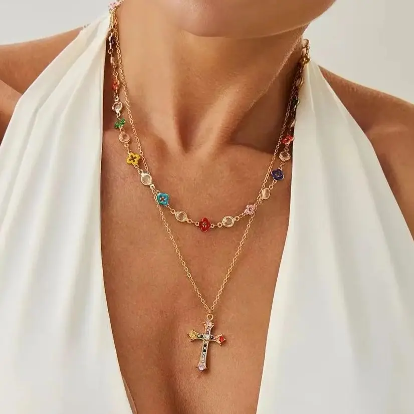 

SHIXIN 2 Pcs/Set HipHop Colourful Crystal Chain Layered Necklace for Women Trendy Jesus Cross Pendant Necklace Y2K Jewelry Gift