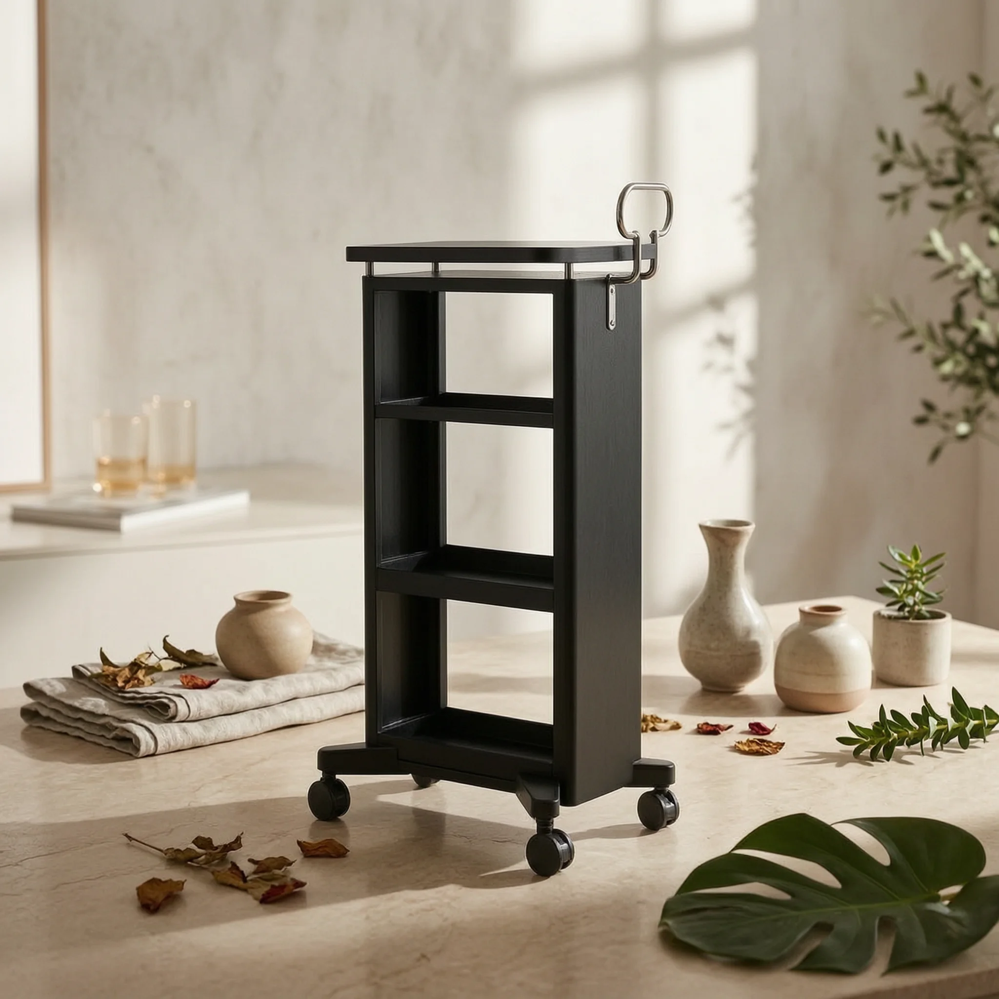 Salon Trolley Rectangular Tray Hairdressing Trolley Hair Stylist Station Black Rolling Cart Narrow for Stylists