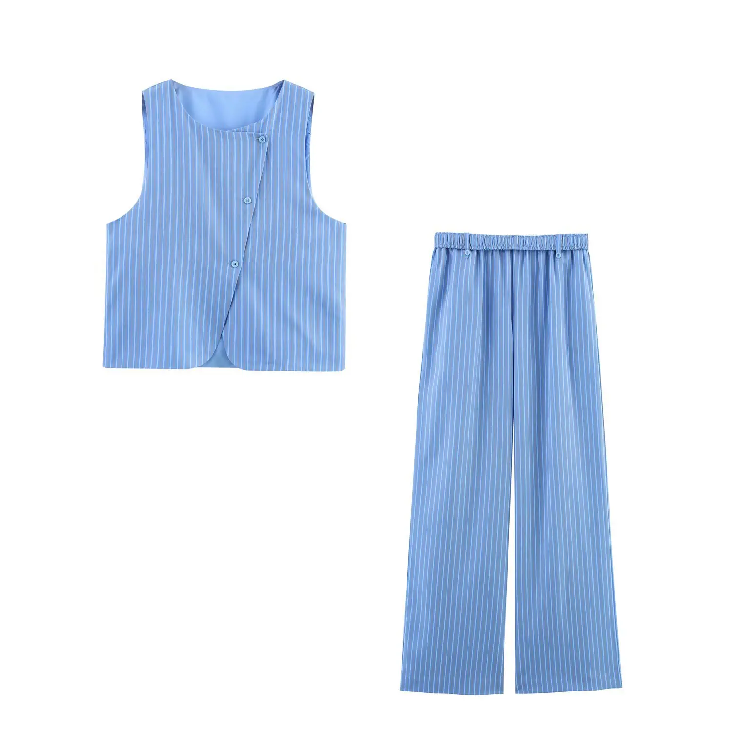 

ZBZA Women's Loose Striped Vest Trousers Set Crew Neck Oblique Button Cropped Tops Elastic Waist Straight Pants Summer Chic Suit