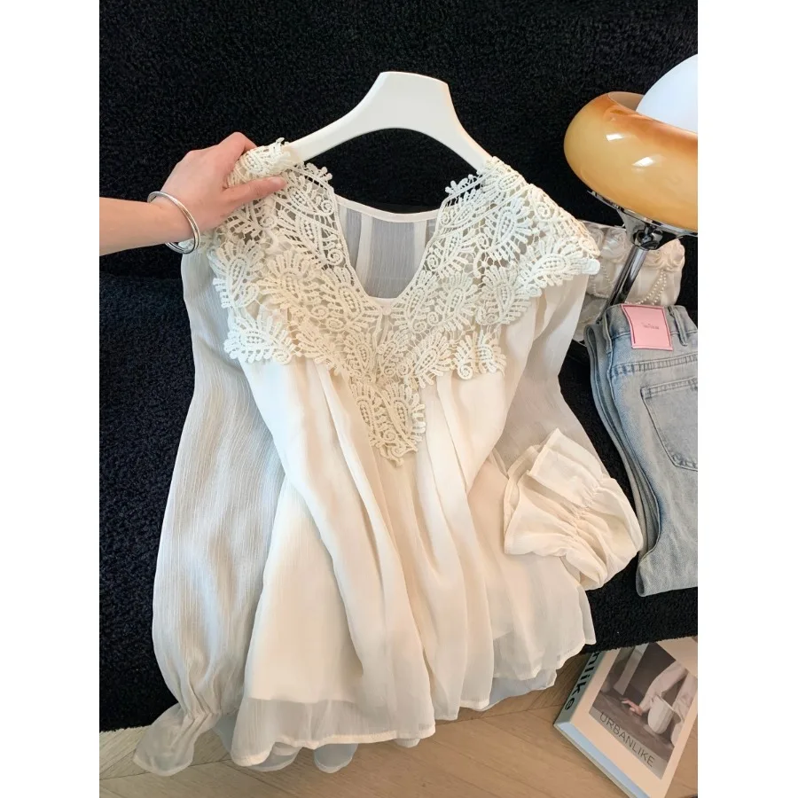 

Lace Splicing V-Neck Lantern Sleeve Women's Chiffon Top Casual Style Spring Summer Inner Wear Bridesmaid Gentle Style