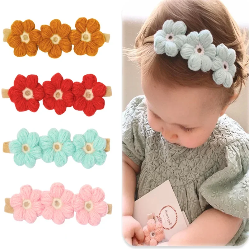 

Kids Handmade Woolen Knitting Headbands Hairpins Baby Kawaii Flower Headwraps Girls Hair Accessories Newborn Photography