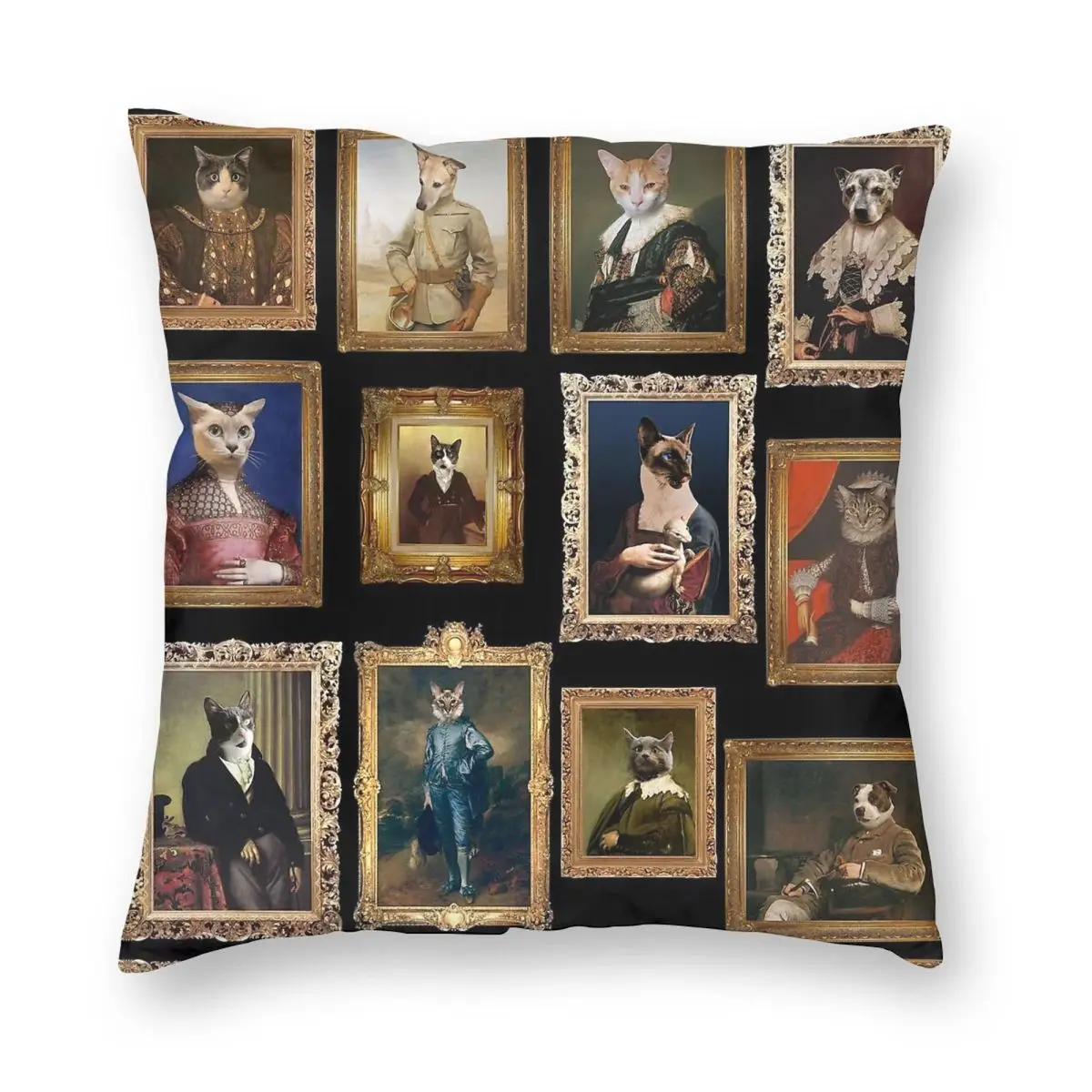 Juste de coussin de canapé en polyester et lin, taie d'oreiller carrée imprimée, galerie de portrait de chien et de chat, fermeture éclair décorative