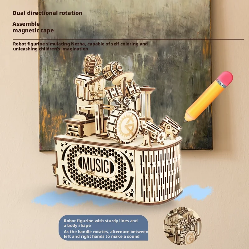 OUZEY 3D Drewniane Puzzle Model Trębaczka Zestaw Modelarski Prezent Urodzinowy dla Dzieci Gry Rodzinne Model do Składania Mechaniczny Bęben Kreatywne Zabawki