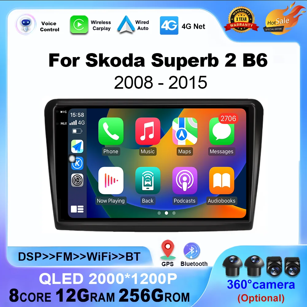 

Автомобильный радиоприемник Android 14 для Skoda Superb 2 B6 2008 2009 2010 2011-2015 Navi GPS Мультимедийный видеоплеер WiFi 4G BT Carplay