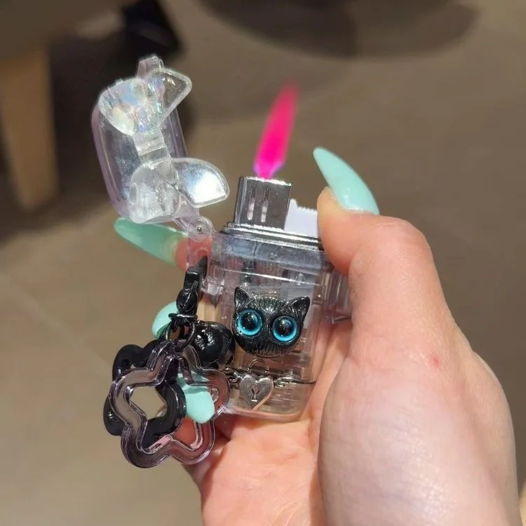 Y2K Aesthetic Cat Lighter, Clear Body with Bow & Star Charm, Refillable Butane, Cute Windproof Pink Flame Lighter