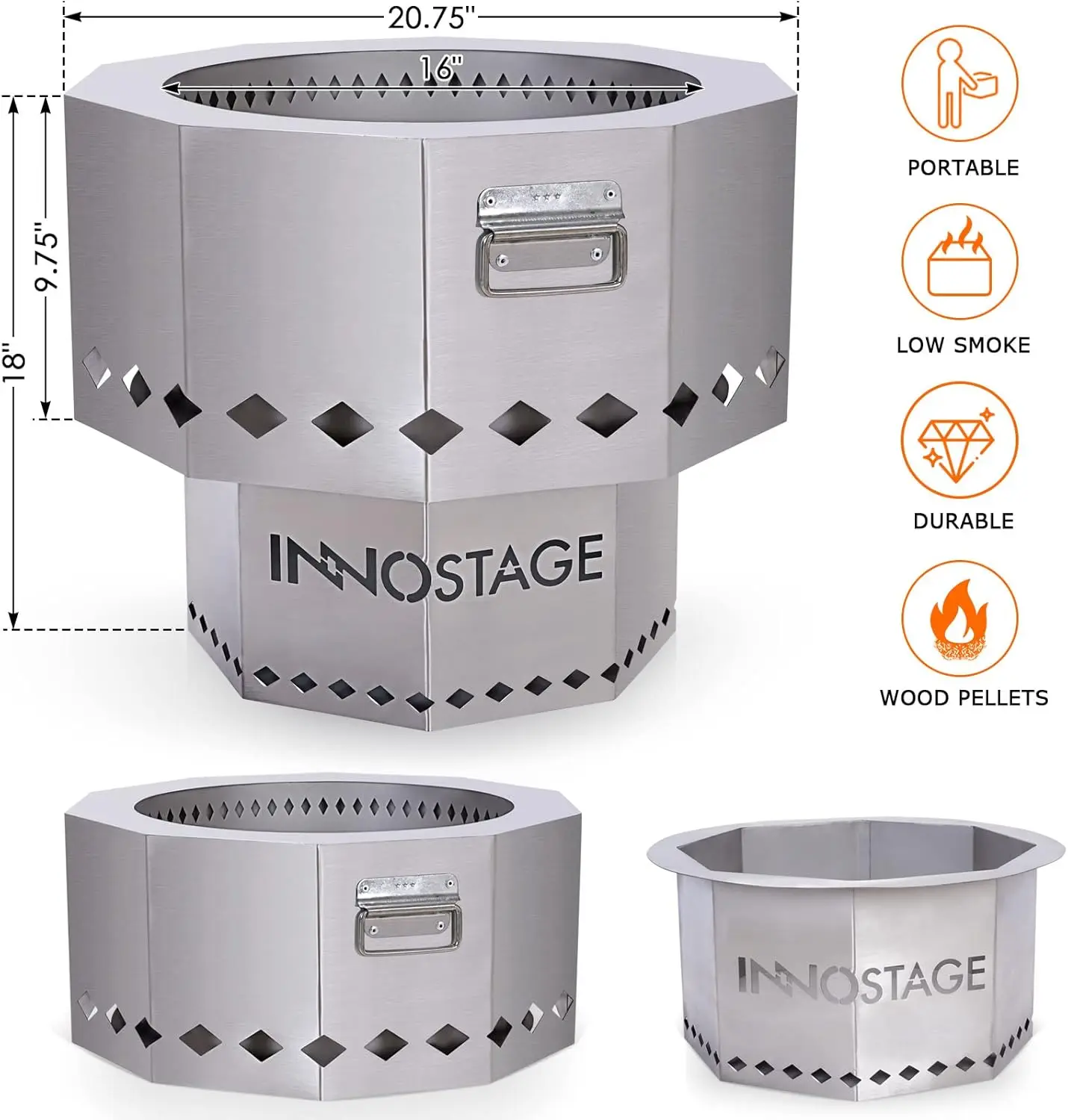 Pozo de fuego de acero inoxidable: fogones de pellets de madera de diseño portátil sin humo