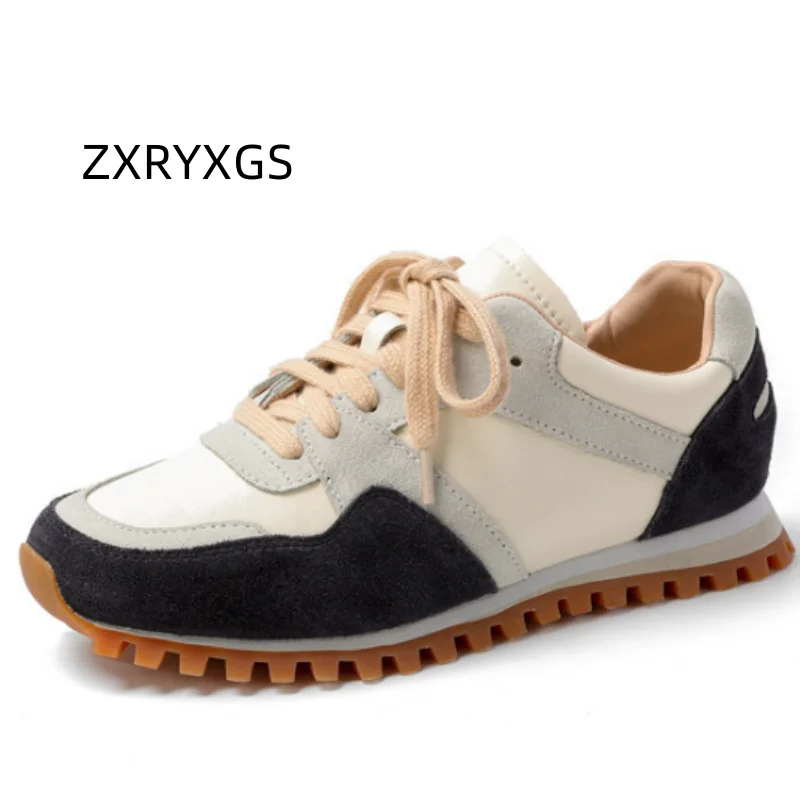 ZXRYXGS Frosted Cowhide Splicing Women Leather Sneakers Flat 2025 Spring New Colored Round Toe Lace Up Casual Sneakers Shoe Tide