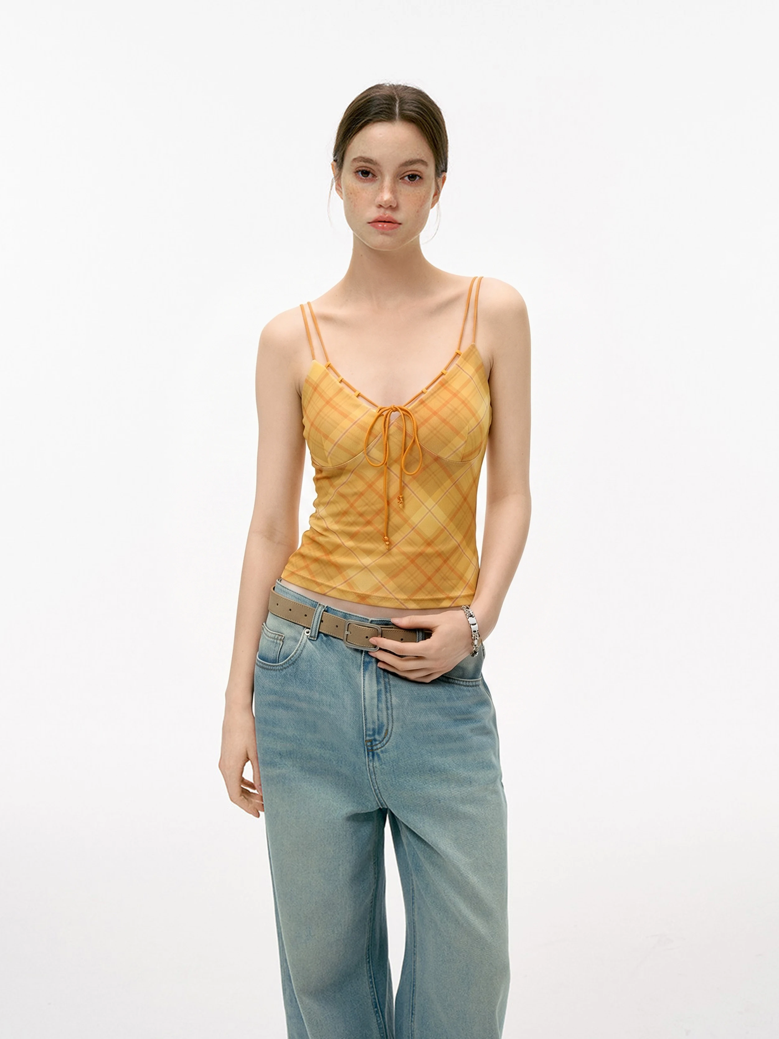 Dopamine American Spicy Orange V-neck Vest Strapless Summer Short Design Women's Checkered Sleeveless Top Waist-cinching