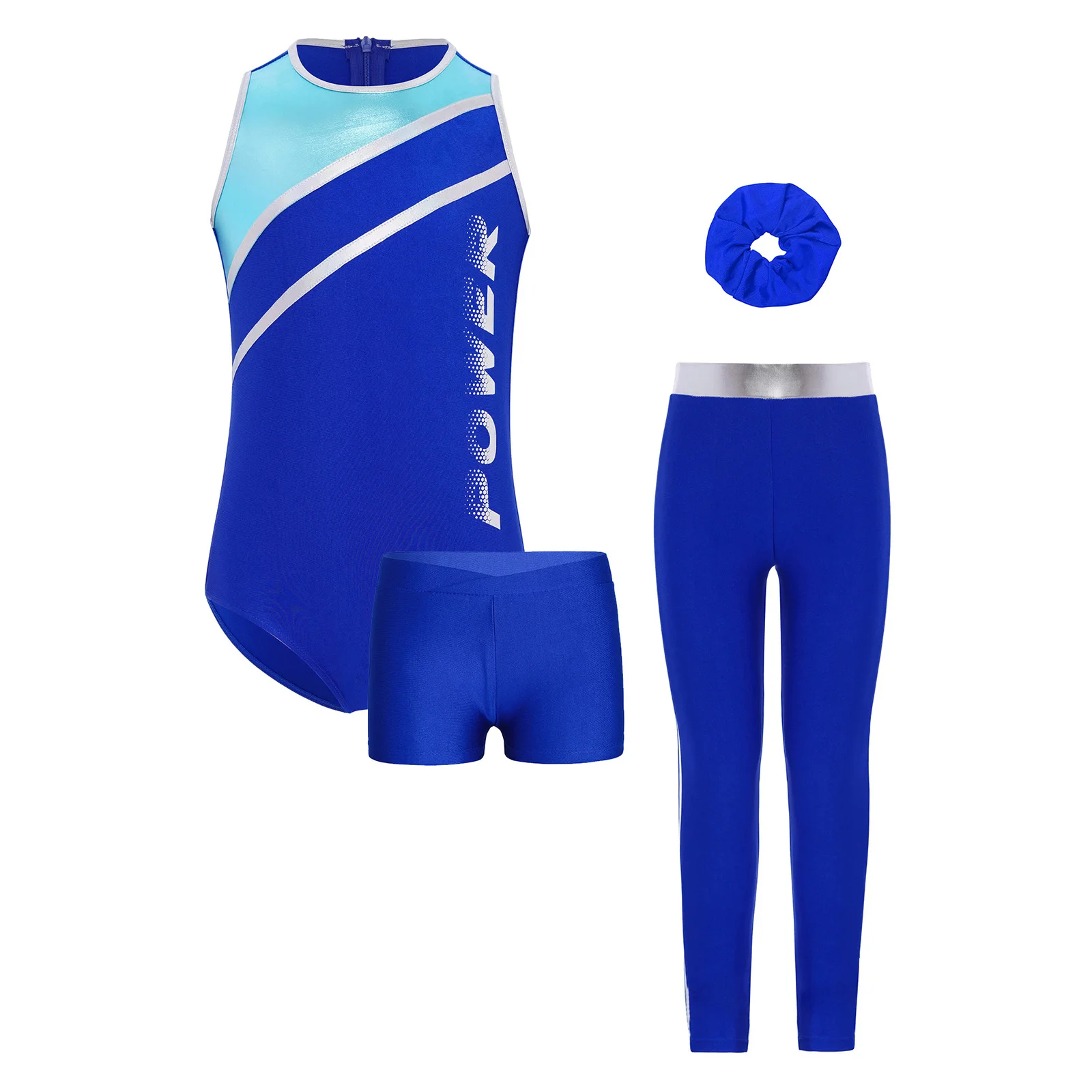 

Complete Figure Skating Outfit for Kids Girls Letter Print Ballet Leotard with V Front Waistband Shorts Legging And Hairband