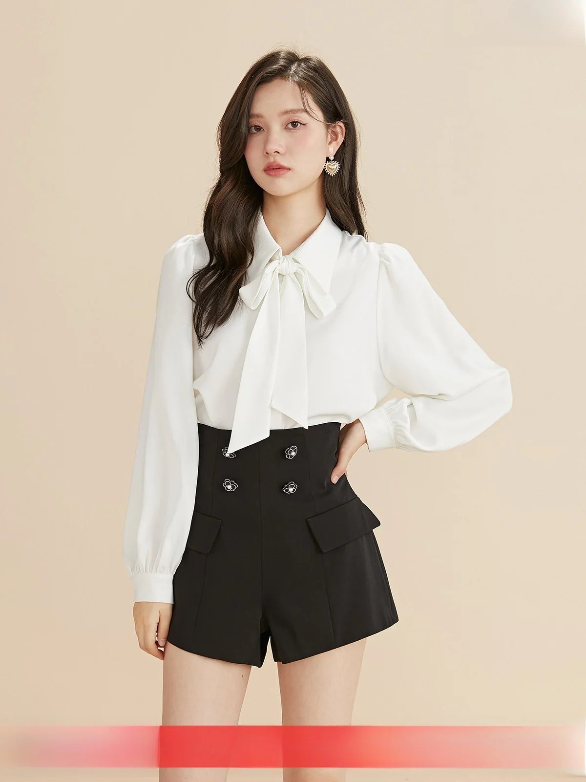 

Ele White Silk Chiffon irt Women's Simple Bow Design Straight Cut Long Sve Busin Lady Sle Faionable Top