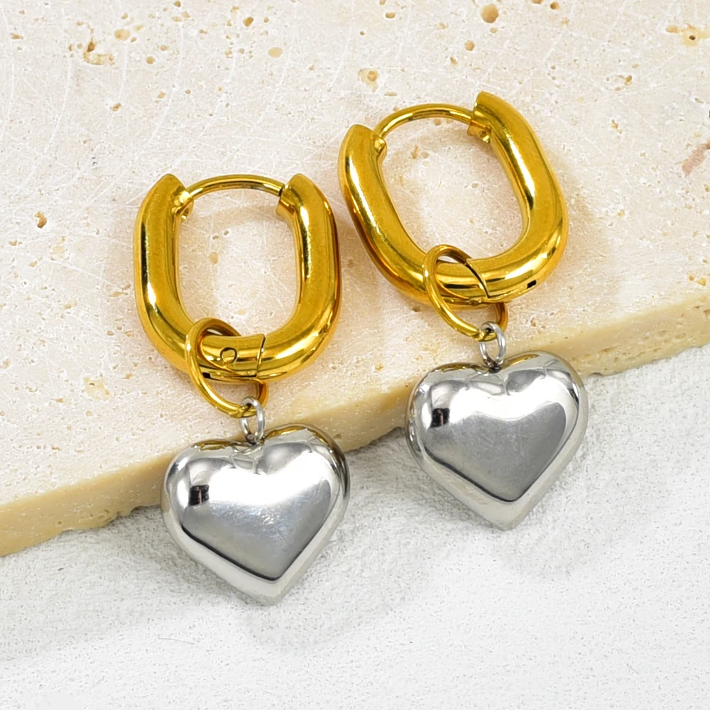 E74 Cross-border European Style Elegant Personality Earrings - Stainless Steel 18K Gold Heart-Style Composite Drop Earrings