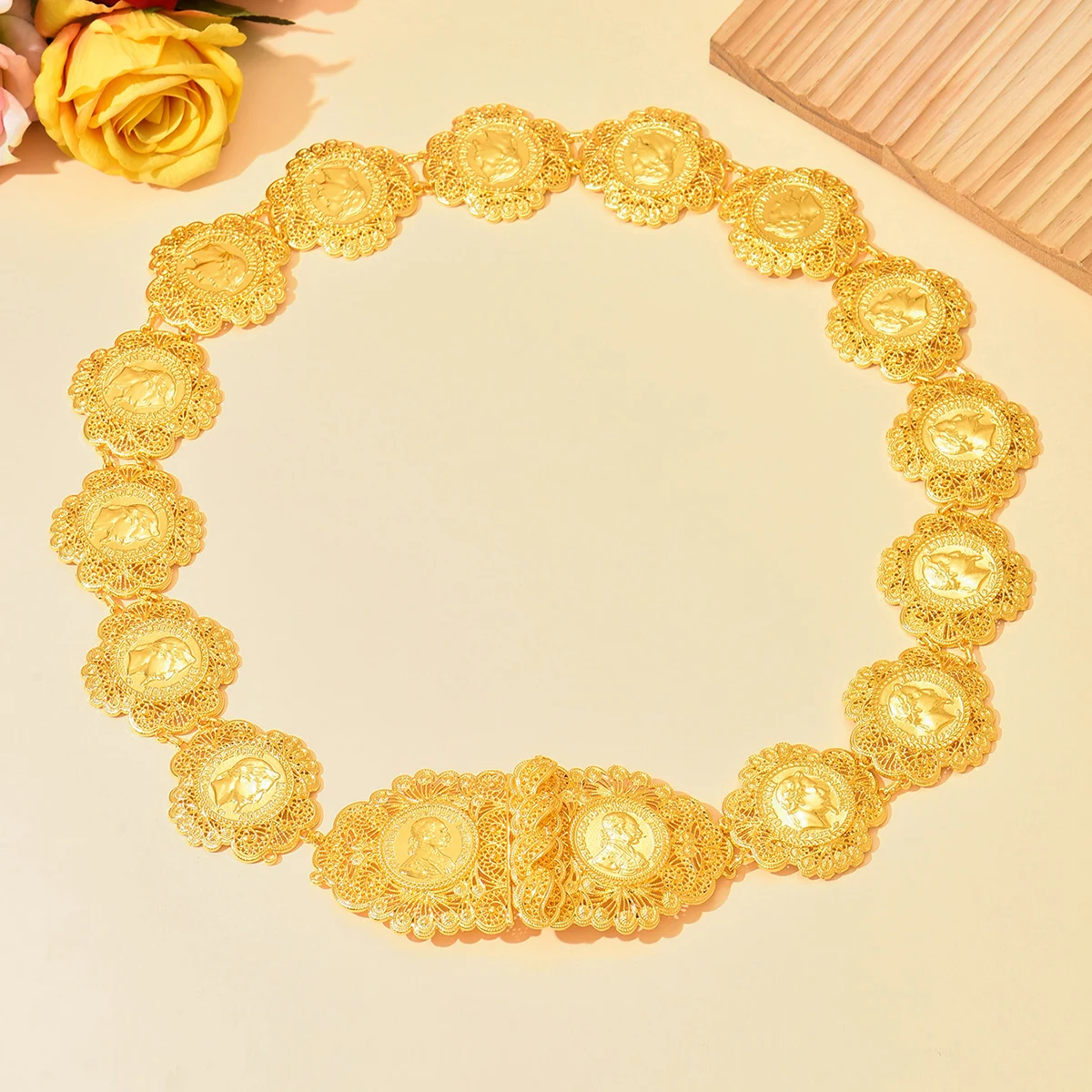 A Luxurious Golden Retro Ethnic Style Metal Hollow-Carved Round Portrait Design Adjustable Length Handmade Formal Event Belt image 3