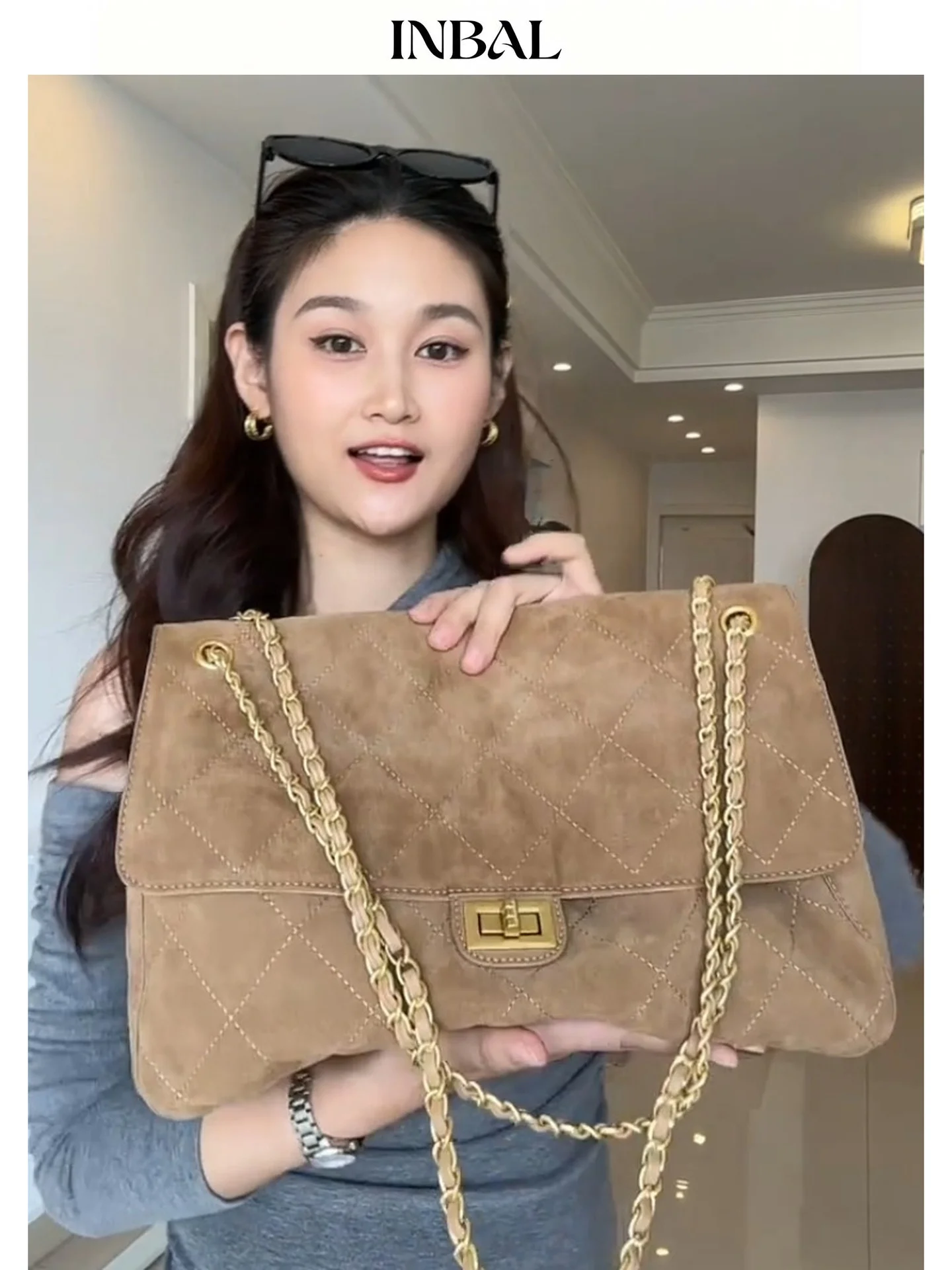 Retro Suede Shoulder Bag Women's 2026 New Small Square Grid Chain Tote Bag Soft PU Leather Zipper Closure Casual Handbag