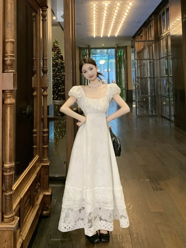 

plus Size Lace Short Sleeve Dress White Slimming Design Knee-Length Summer New Style Square Collar A-Line Long Dress