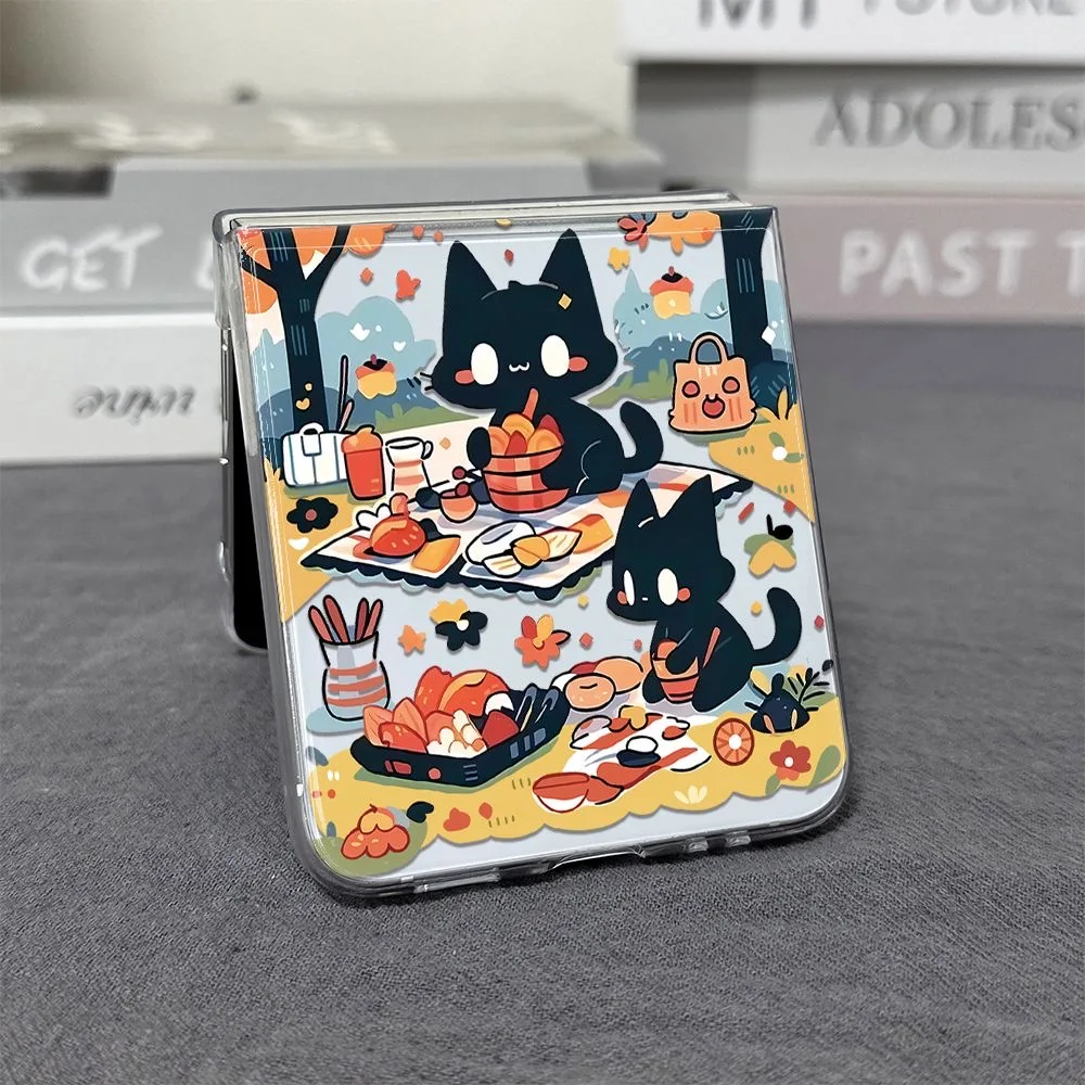 Funny Cute Picnic Black Cat Phone Case For Samsung Galaxy Z Flip 5 6 ZFlip 7 Clear Folding Cover For Samsung ZFlip 7FE 4 3 Shell