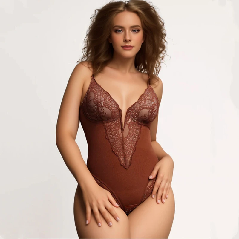 

Sexy Outdoor Streetwear Corset Slimming One Piece Lace Women Bodysuit Tummy Control Shapewear Jumpsuit V-neck Thong Shapesuit