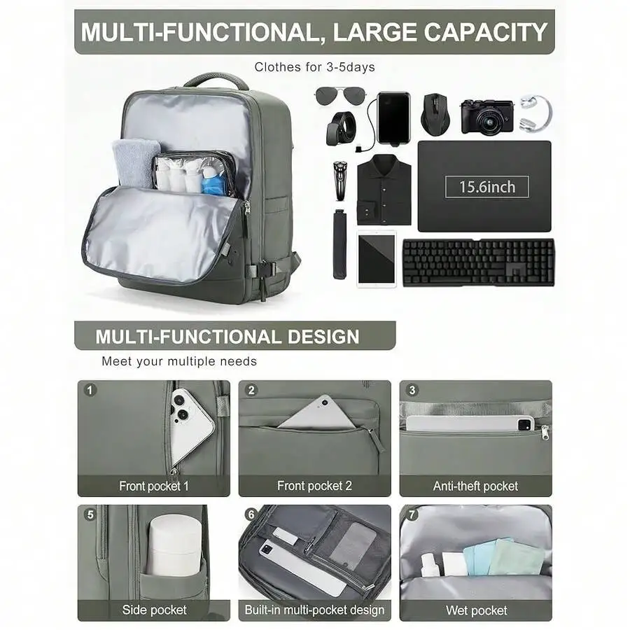 

Large Capacity Multi-Functional Travel Backpack With Wet Pocket Anti-Theft Compartment Laptop Sleeve
