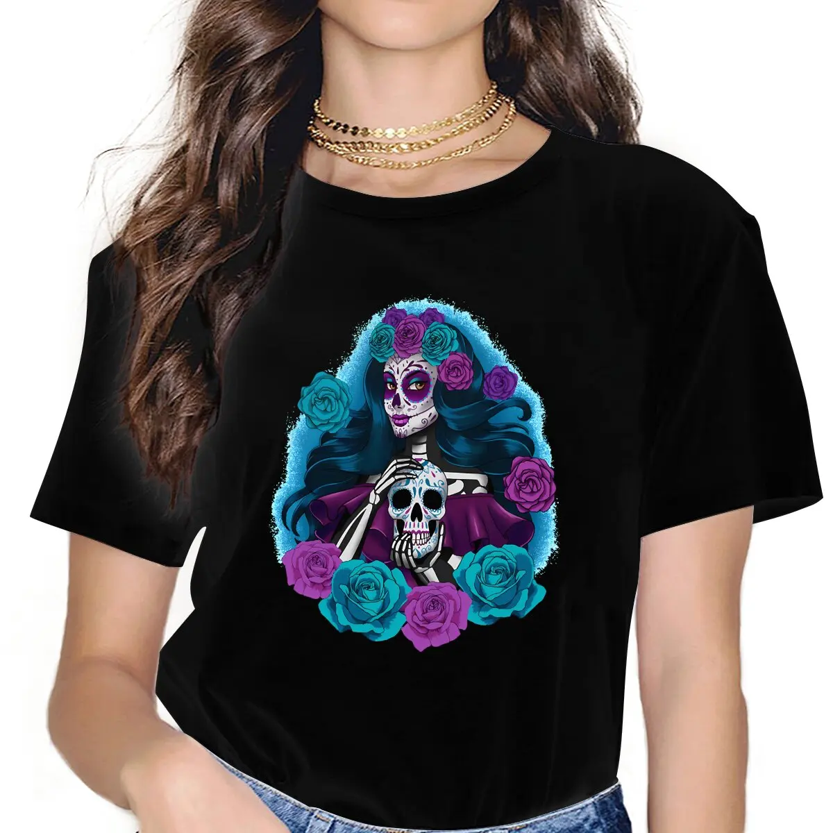 Mexican Skull Day of the Dead Girls T Shirt Catrina Holding a Sugar Skull Flowers Female Tops Polyester Y2k Tees Ladies Tshirt