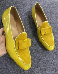 New Yellow Patent Leather Shoes Fashion Bowtie Loafer Men Dress Shoes Handmade Slip On Men's Casual Shoes Party And Prom Shoes