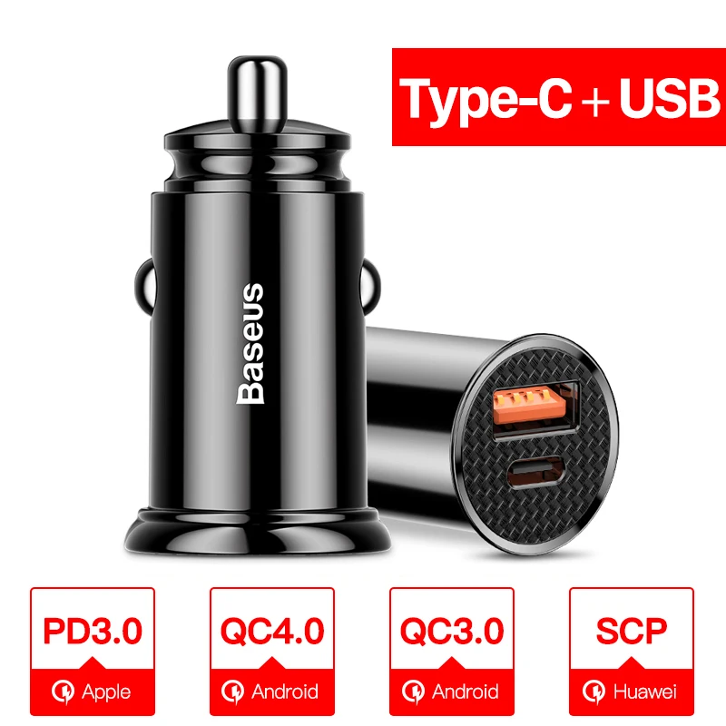 Baseus Быстрое автомобильное USB-зарядное устройство 30 Вт QC4.0 PD Type C — фото товара