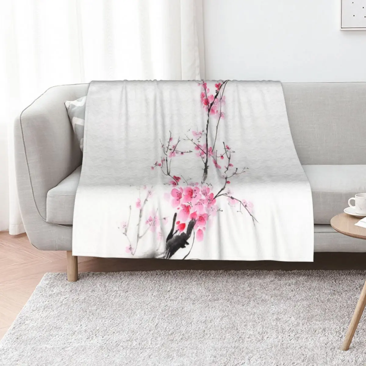 Delicate sakura branch with pink blossoms Japanese Zen sumi-e painting on white rice paper art print Throw Blanket