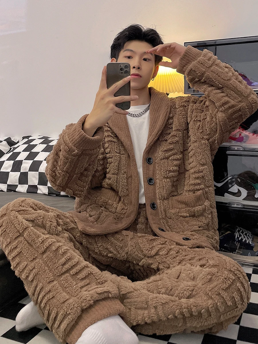 

Корейский Sle Coral Fce Spwear, мужской тонкий однотонный открытый кардиган большого размера, фланелевой комплект домашней одежды Long Sve