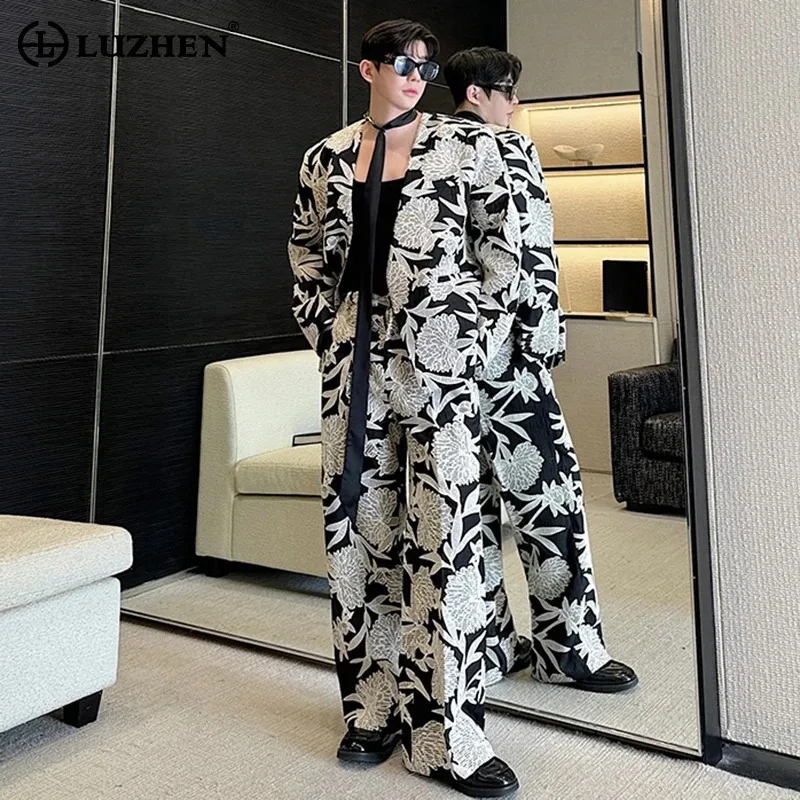 LUZHEN Embroidery Collarless Cardigan Blazer Set Original Personalized Trendy Jackets Men\'s Straight Suit Pants Two Piece LZ5363