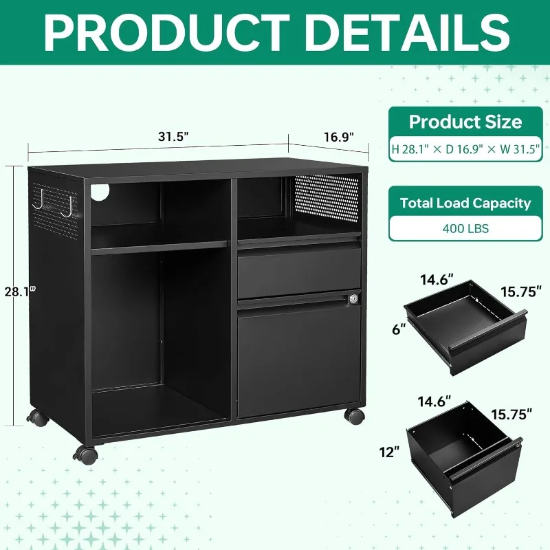 Mobile File Cabinet, Metal Lateral Rolling Printer Stand Filing Cabinets with Shelves for Home Office-Storage A4/F4/Letter