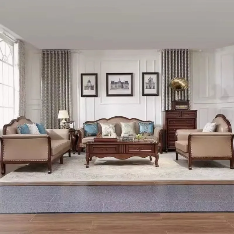 American ecological leather sofa simple country villa high-end large apartment living room combination carved family sofa