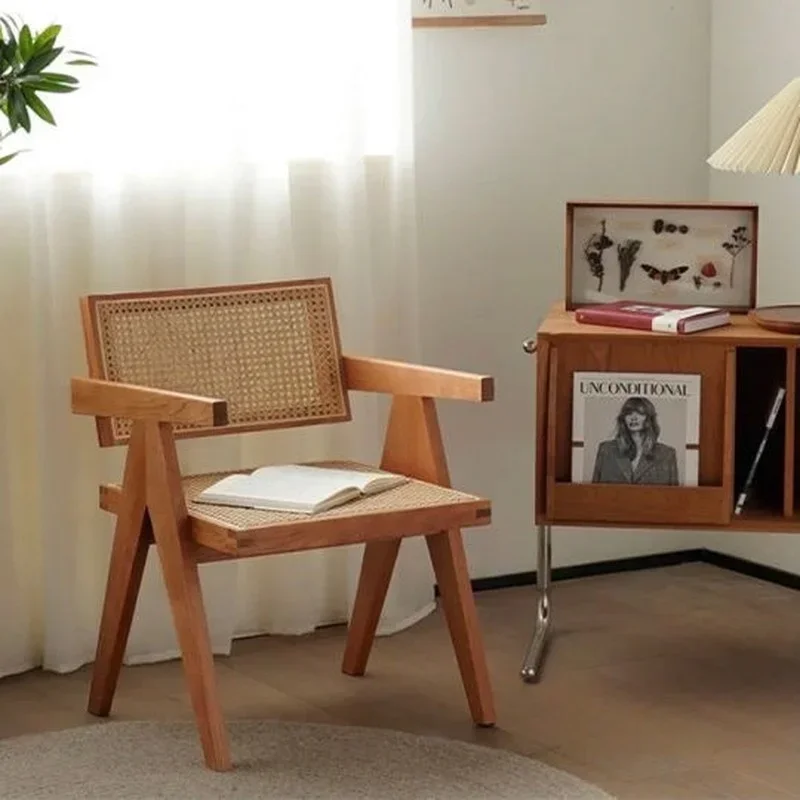 Nordic ins solid wood real rattan dining chair Medieval designer Chandigarh retro armrest leisure