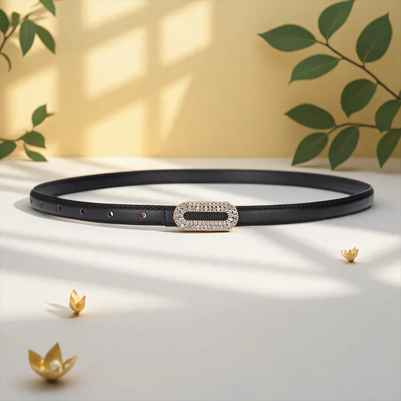 Dukardin Women's Fashionable Diamond Embellished Genuine Leather Belt Decorative Skirt Dress Waist Belt Smooth Buckle Alloy
