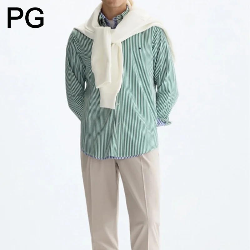 PG Men Vertical Striped Button Down Shirt Long Sleeve Casual Business Dress Shirts Slim Fit Minimal Small Logo Formal Office
