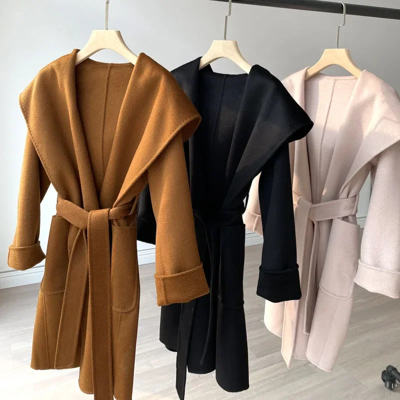 Classic Cashmere Wool Coat Women Handmade Double-sided Bathrobe Trench Medium Long Hooded Coat Oversized Women's Outerwear