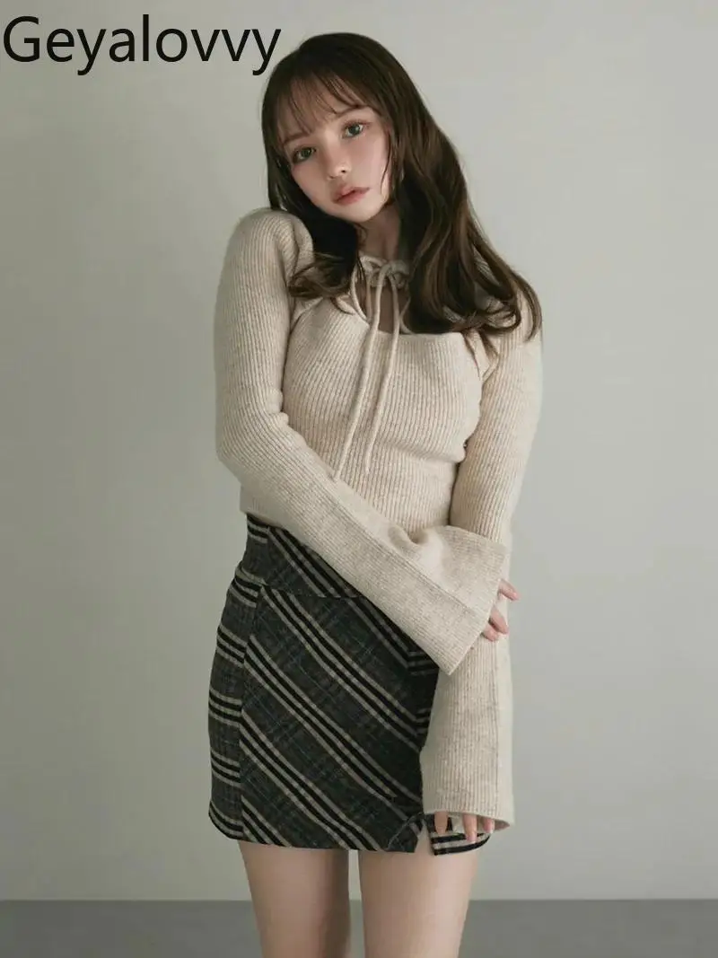

Spring Autumn Knit Sweater Sweet Ruffled Tie Bow Wool Blend Bell Sleeve Sweaters Top Fashion Japanese Style Lady Knitted Shirt