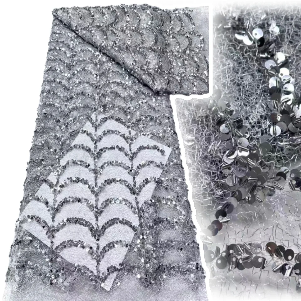 Latest Elegant French Sequin Lace Fabric African Nigerian Lace Fabric Suitable for Ladies' Party Dresses and Wedding Gowns 1905