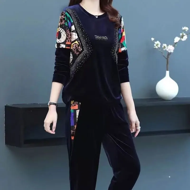 Autumn Winter Casual Printed Patchwork Fashion Letter Sets Women\'s Clothing Long Sleeve Commute Solid Color Trousers Pants 2024